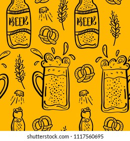 Beer Seamless Pattern. Hand Drawn Doodle Style. Beer and Snack. Vector Illustration.