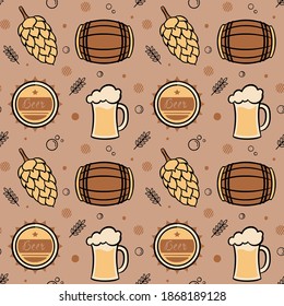 Beer Seamless Pattern with Beer Hop, Barrel, Glass and Beer Label. You can use this design to create poster, tshirt, cup, pillow, tote bag, pouch, phone case, etc.