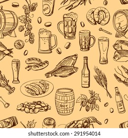Beer seamless pattern on beige background. Vector texture in hand draw style