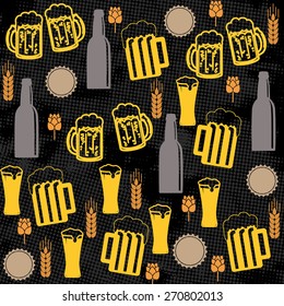 Beer seamless pattern on black background, vector illustration