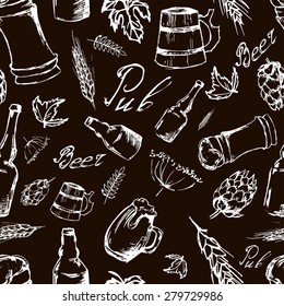 Beer seamless pattern on black background. Vector texture in hand draw style