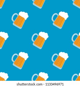 Beer seamless pattern on blue background. Repeating glass of beer in flat style, oktoberfest beer. Vector illustration