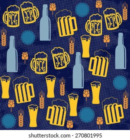 Beer seamless pattern on blue background, vector illustration
