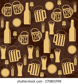 Beer seamless pattern on brown background, vector illustration