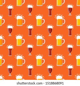 Beer seamless pattern on color background. Repeating different glasses of beer in flat style. Oktoberfest. Design for wallpapers, fabrics, wrapping papers, textiles, web design. Vector illustration.