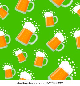 Beer seamless pattern on color background. Repeating glass of beer in flat style. Oktoberfest. Design for wallpapers, fabrics, gift wrapping papers, textiles, web design. Vector illustration.