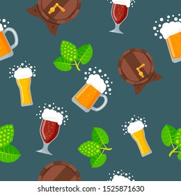 Beer seamless pattern on color background. Different glasses of beer, wooden barrel and hops. Oktoberfest. Design for wallpapers, fabrics, wrapping papers, textiles, web design. Vector illustration.