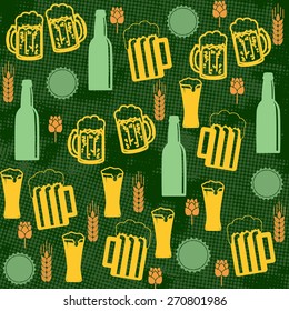 Beer seamless pattern on green background, vector illustration