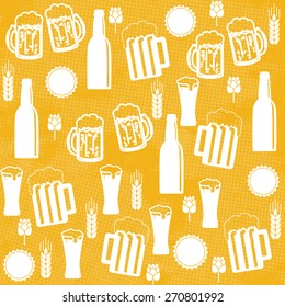 Beer seamless pattern on yellow background, vector illustration