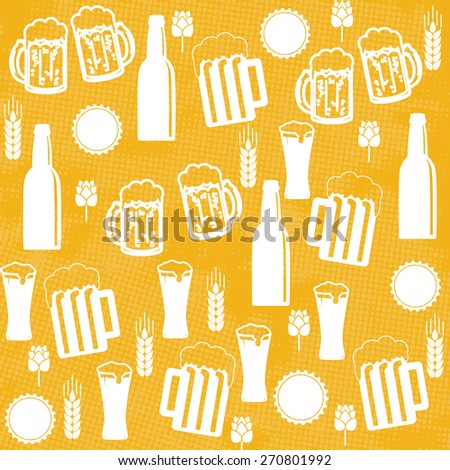 Beer seamless pattern on yellow background, vector illustration