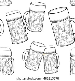 Beer seamless pattern. Ornamental background with beer mug. Beer glass sketch. Oktoberfest beer fest pattern