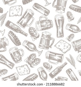 Beer Seamless Pattern in Outline Hand Drawn Doodle Style with Different Objects related beer. Vintage vector engraving illustration for web, poster, invitation to party.