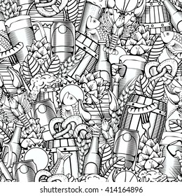 Beer Seamless Pattern in Outline Hand Drawn Doodle Style with Different Objects on Beer Theme. Beer and Snack. Black and White. All elements are separated and editable.  Vector Illustration. 