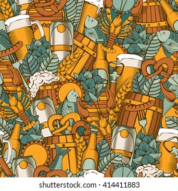 Beer Seamless Pattern in Outline Hand Drawn Doodle Style with Different Objects on Beer Theme. Beer and Snack. Colorful. All elements are separated and editable.  Vector Illustration. 