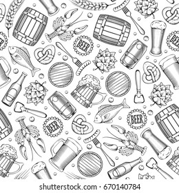 Beer Seamless Pattern in Outline Hand Drawn Doodle Style with Different Objects related beer. Beer and Snack. Black and White. All elements are separated and editable.  Vector Illustration. 