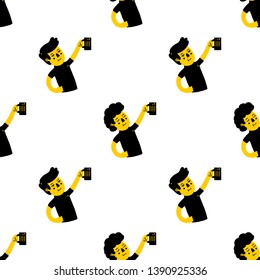 Beer Seamless Pattern. Beer Party Seamless Pattern. Clink. Clinking Beer Glasses. Person with Beer Glasses on white background isolated. Stock Vector Illustration. Cartoon style. 