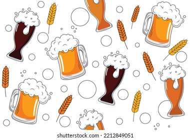 Beer seamless pattern. Repeating design element for printing on fabric. Poster or banner for website. Alcoholic drink and sausage on stick. Dessert and delicacy. Cartoon flat vector illustration