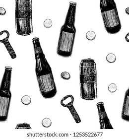 Beer seamless pattern. Repeating hand-drawing colorful glasses of beer, oktoberfest beer. Vector.
