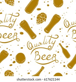 Beer seamless pattern in retro style with the inscription quality beer