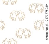 Beer Seamless pattern. Toasting full beer mugs with a foam. Hand drawn brown line graphic Vector illustration in Doodle style isolated on background. For St. Patricks Day and Traditional German
