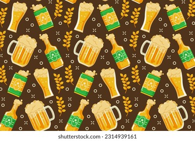 Beer seamless pattern vector style, collection of bottles, glasses and cans of beer, with cheers wheat elements. Suitable for backgrounds