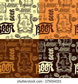 Beer seamless patterns set  contains images of beer arm,beer mug,brewery,hand,hop and text.Beer seamless patterns set.