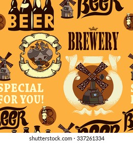 Beer seamless pattern.Seamless pattern contains images of brewery,beer tun,beer mug,steam punk heart and text.Vintage style.