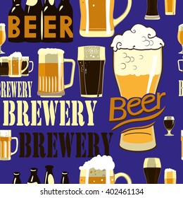 Beer seamless pattern.Seamless pattern contains images of beer mugs,beer glasses and text on dark blue background.