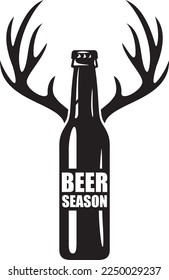 Beer Season Black and White. Bottle with deer antlers. Vector Illustration.