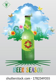 Beer season vector poster design template with beer bottle isolated on Summer or spring landscape. Green grass and flowers scenery, stylized as a tree. For design banner, leaflet, card, poster.