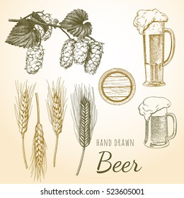 Beer Set 3. Vintage hand drawn illustrations of brewers components