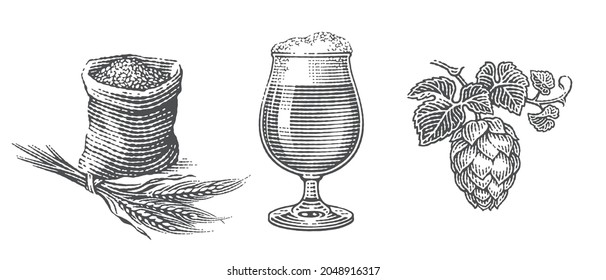 Beer set. Barley malt in burlap bag with barley twig, hop and beer pint. Hand drawn engraving style illustrations.