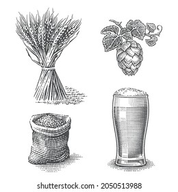 Bier-Set. Gerstenmalz in Beutelsack, Gerste-, Hopfen- und Bierpint. Handgezeichnete Illustrationen im Stilstil.