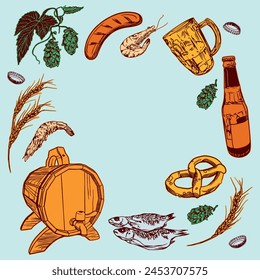 Beer set, barrel, bottle, mug, pretzel, hops, fish, shrimp. Hand drawn vector illustration for labels, banners, posters, covers, Oktoberfest invitations, menus.