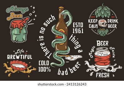 Beer set of bottle and beer can with snake and hop for brewery. Vector hop and bottle cap for alcohol craft bar