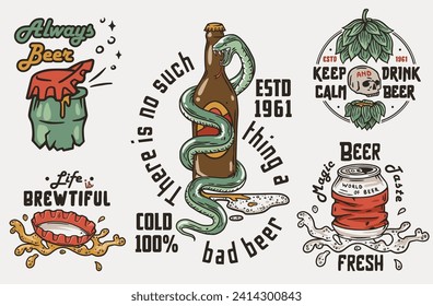 Juego de cerveza de botella y lata de cerveza con serpiente y lúpulo para cervecería. Tapón vectorial y tapón de botella para la barra de alcohol