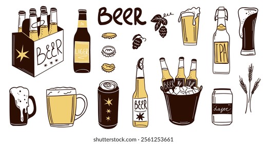 Beer set. Bottle, glass and can. Alcohol beverages, ale, lager and ipa, craft foam barrel or brewery. Oktoberfest festival symbols. Different pub and bar drinks. Vector flat isolated illustration