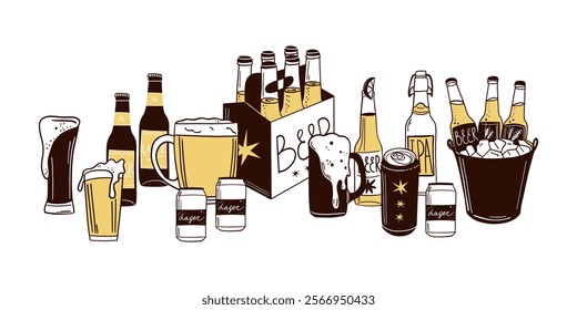 Beer set. Bottle, glass and can. Alcohol beverages, ale, lager and ipa, craft foam barrel or brewery. Oktoberfest festival symbols. Different bub and bar drinks. Vector isolated illustration