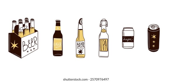 Beer set. Bottle, glass and can. Alcohol beverages, ale, lager and ipa, craft foam barrel or brewery. Oktoberfest festival symbols. Different pub and bar drinks. Vector isolated illustration