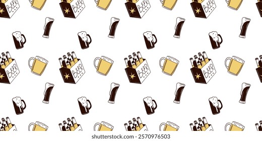 Beer set. Bottle, glass and can. Alcohol beverages, ale, lager and ipa, craft foam barrel or brewery. Oktoberfest festival symbols. Different pub and bar drinks. Vector isolated illustration