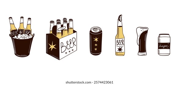 Beer set. Bottle, glass and can. Alcohol beverages, ale, lager and ipa, craft foam barrel or brewery. Oktoberfest festival symbols. Different pub and bar drinks. Vector isolated illustration