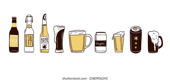 Beer set. Bottle, glass and can. Alcohol beverages, ale, lager and ipa, craft foam barrel or brewery. Oktoberfest festival symbols. Different pub and bar drinks. Vector isolated illustration