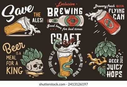 Beer set of bottle, metal can and beer mug with snake, skull and hop for brewery or alcohol craft bar