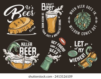 Beer set of bottle and beer mug with snake and hop for brewery alcohol craft bar. Bottle cap and hot dog for fast food