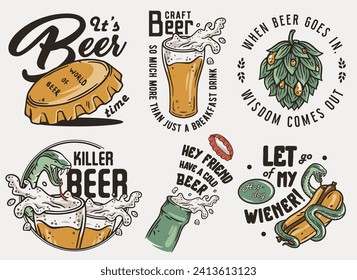 Beer set of bottle and beer mug with snake and hop for brewery alcohol craft bar. Bottle cap and hot dog for fast food