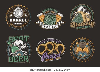 Juego de cerveza de emblemas de la cerveza o marca logotipos de cerveza con tapa de cerveza, lata, lúpulo, esqueleto y botella. Etiquetas o huellas con calavera, vidrio de cerveza y barly para bar, pub o cervecería.