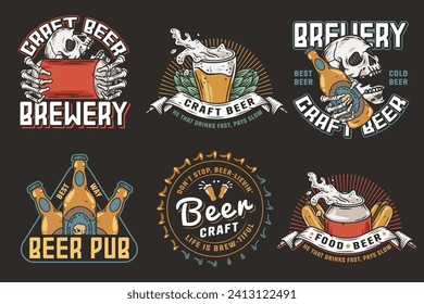 Beer set of brew emblems or craft beer logos with beer cap, can, hop, skeleton and bottle. Labels or prints with skull, beer glass and barly for bar, pub or brewery shop.