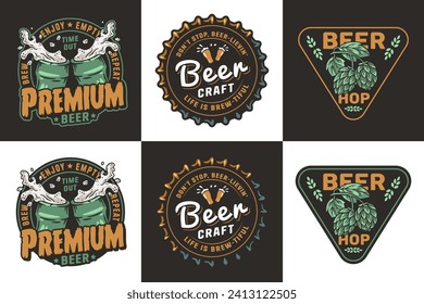 Beer set of brew emblems or craft beer logos with beer cap, hop and bottles. Labels or prints with metal cork for bar, pub or brewery shop.