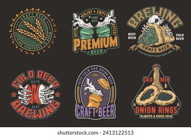 Beer set of brew emblems or craft beer logos with beer cap, can, hop, skeleton and bottle. Labels or prints with skull, beer glass and barly for bar, pub or brewery shop.