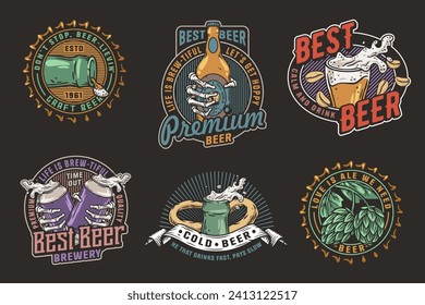 Beer set of brew emblems or craft beer logos with beer cap, can, hop, skeleton and bottle. Labels or prints with skull, beer glass and barly for bar, pub or brewery shop.